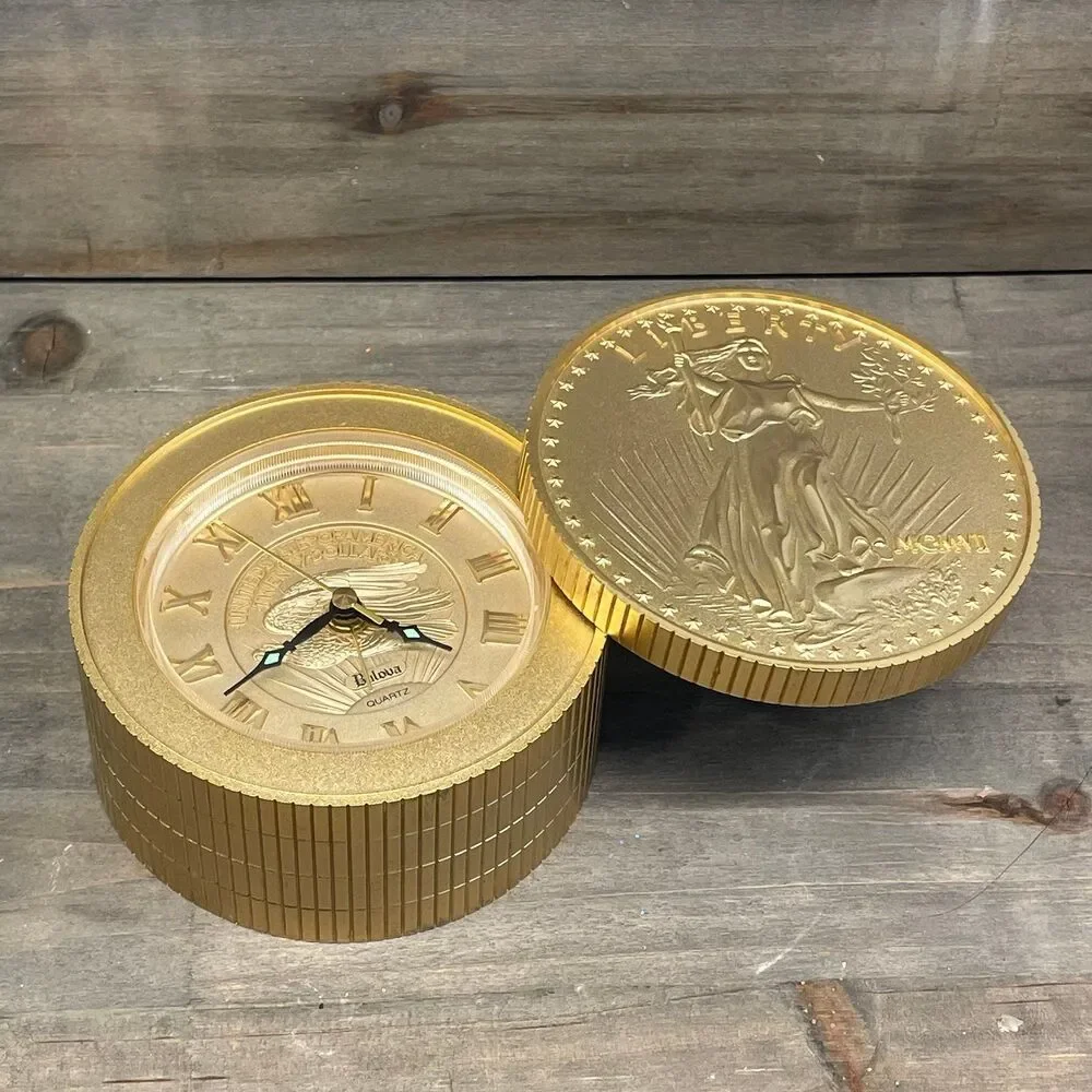 Vintage Walking Liberty Giant Coin Clock Retro Gold Tone Novelty Decor 4